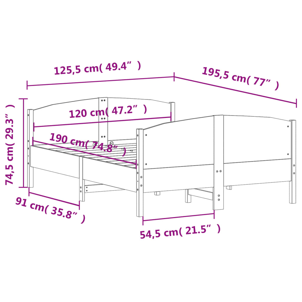 vidaXL Bed Frame without Mattress 120x190 cm Small Double Solid Wood Pine