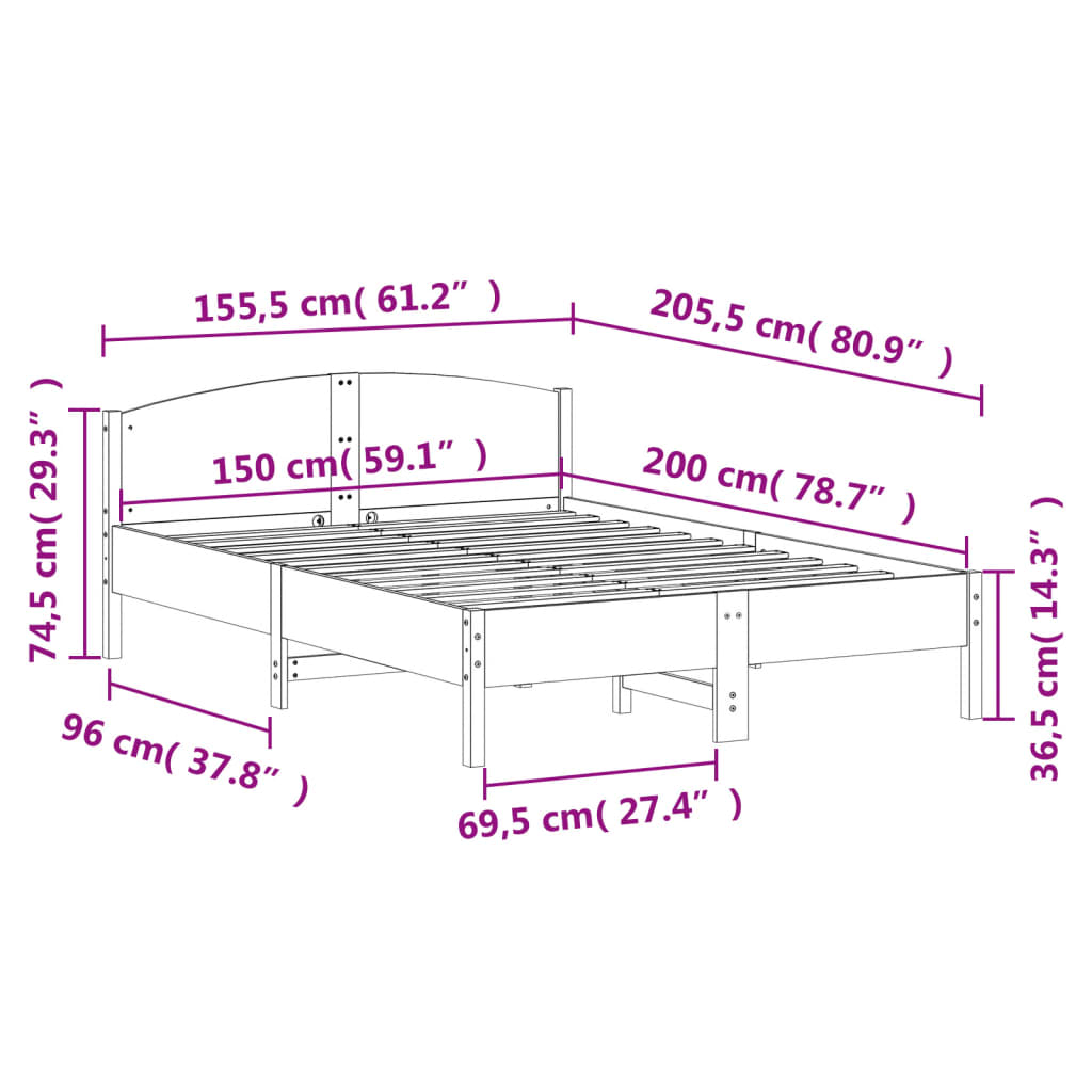 vidaXL Bed Frame without Mattress 150x200 cm King Size Solid Wood Pine