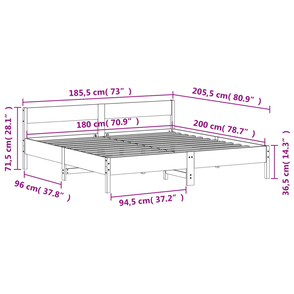 vidaXL Bed Frame without Mattress 180x200 cm Super King Solid Wood Pine