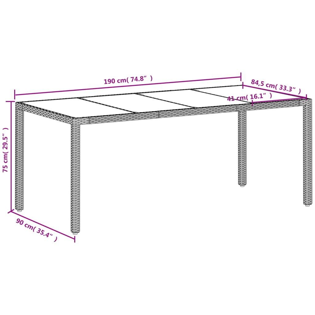 vidaXL Garden Table with Glass Top White 190x90x75 cm Poly Rattan