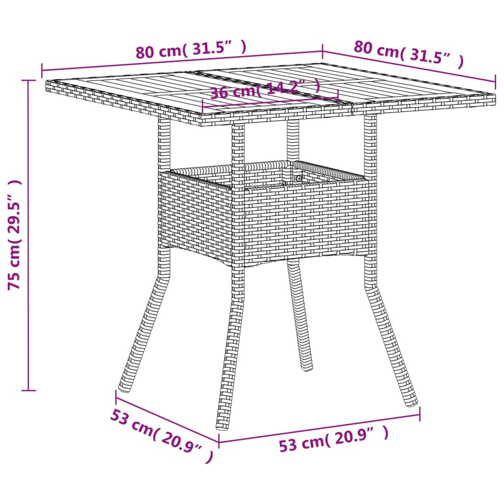 vidaXL Garden Table Beige 80x80x75 cm Poly Rattan Acacia Wood