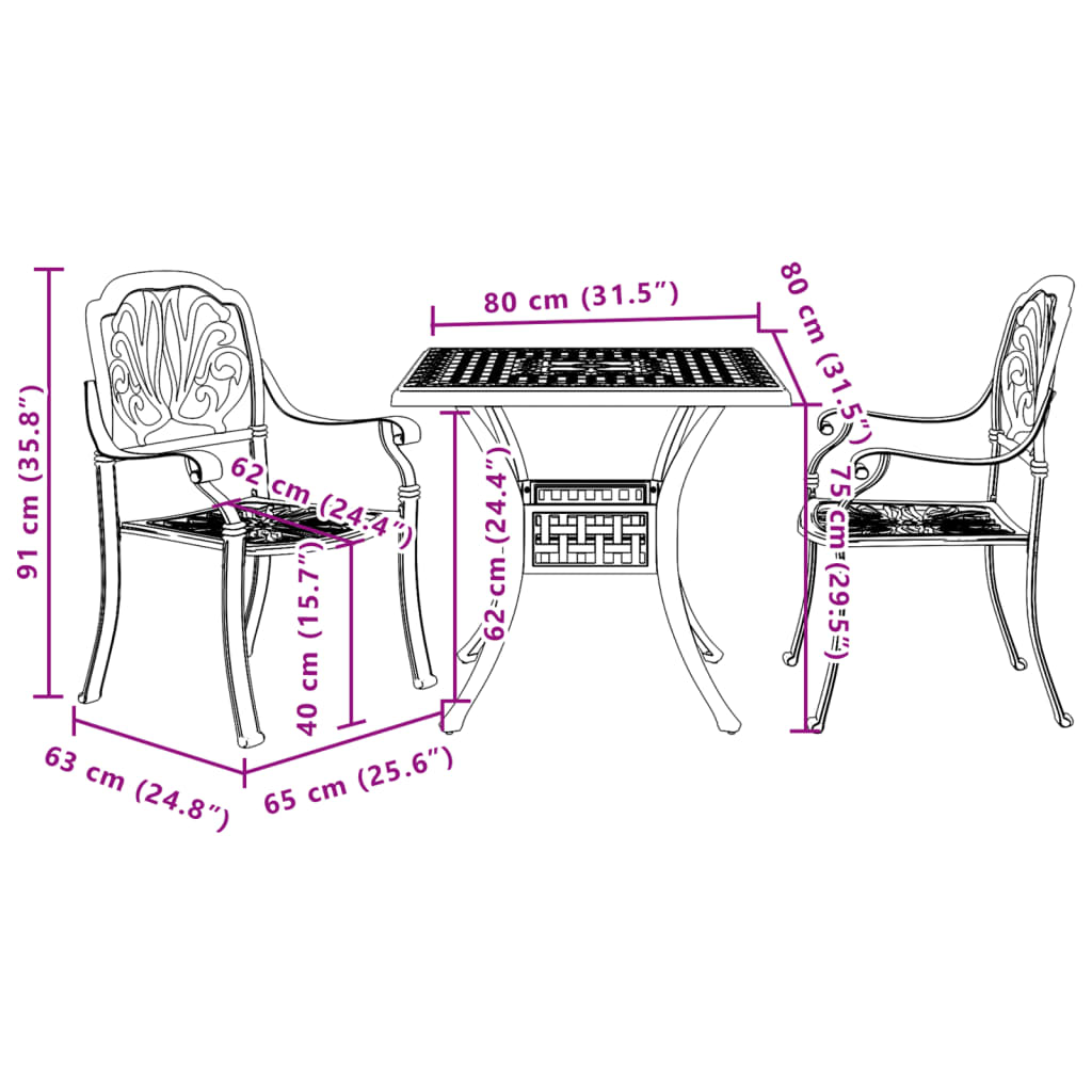 vidaXL 3 Piece Bistro Set Black Cast Aluminium