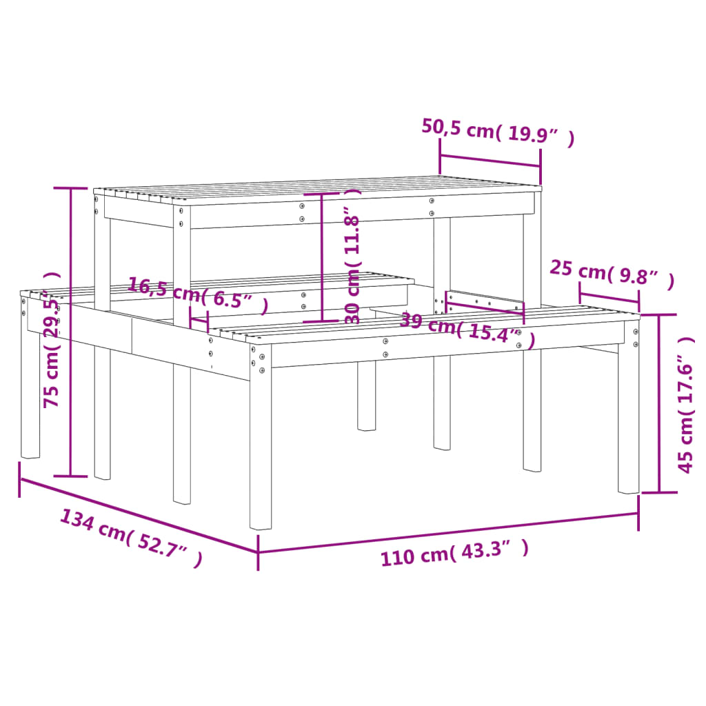 vidaXL Picnic Table 110x134x75 cm Solid Wood Pine