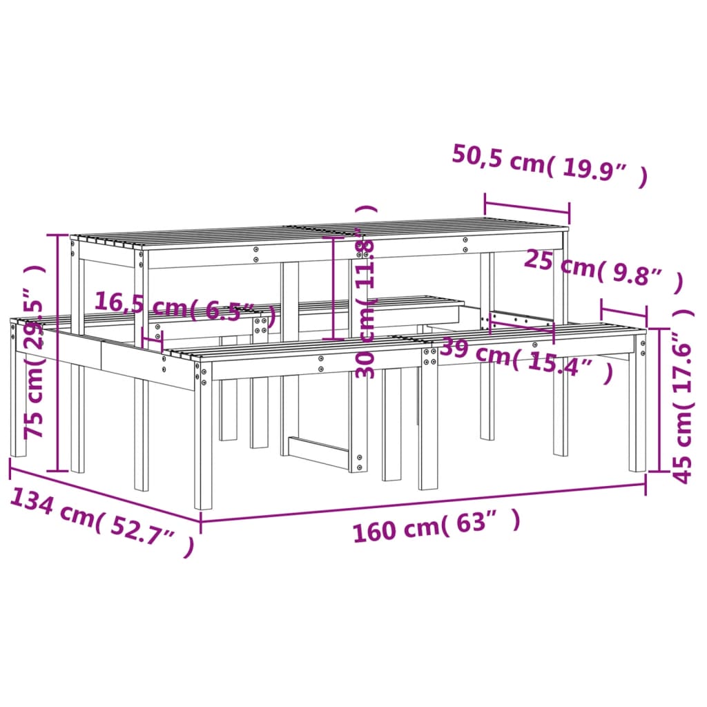 vidaXL Picnic Table 160x134x75 cm Solid Wood Pine