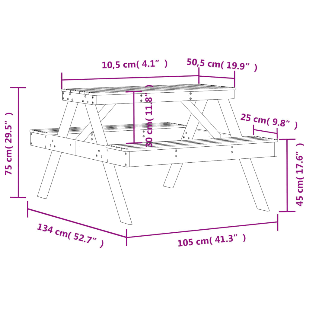 vidaXL Picnic Table White 105x134x75 cm Solid Wood Pine