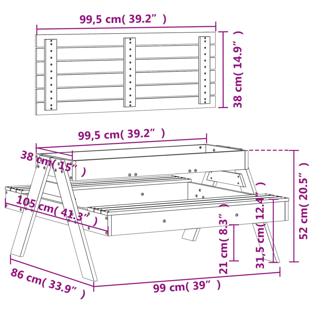 vidaXL Picnic Table with Sandpit for Kids Solid Wood Pine