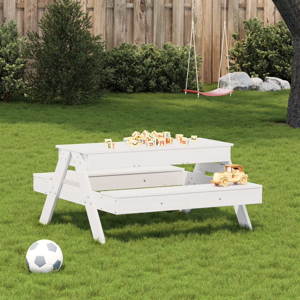 vidaXL Picnic Table with Sandpit for Kids White Solid Wood Pine