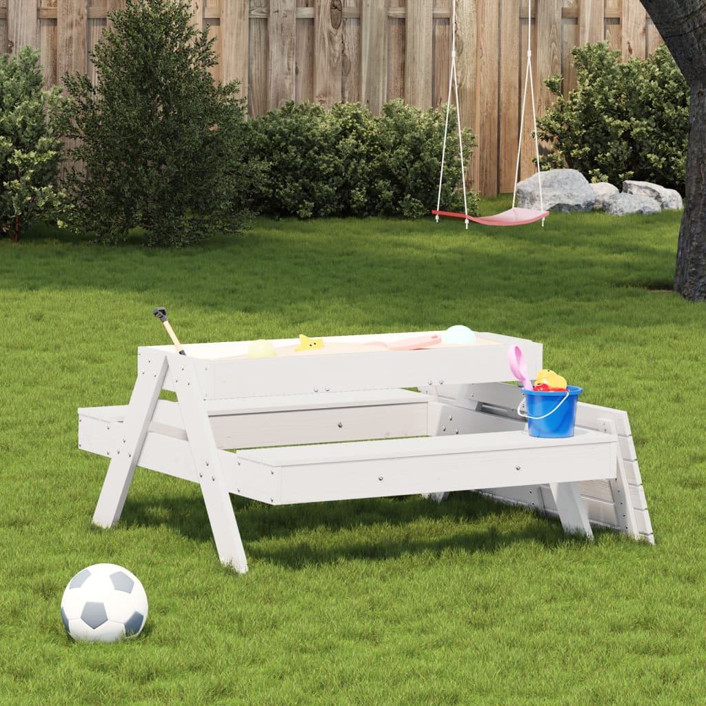 vidaXL Picnic Table with Sandpit for Kids White Solid Wood Pine