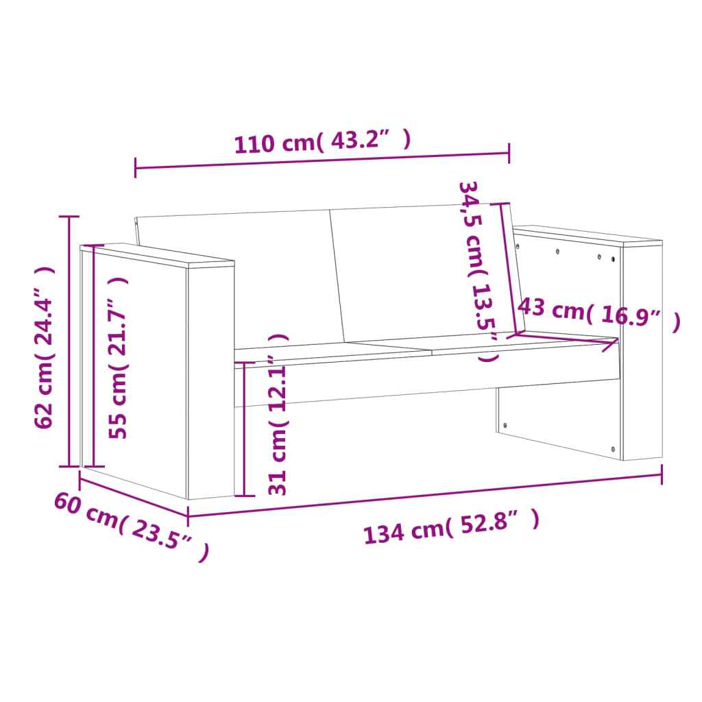 vidaXL Garden Sofa 2-Seater 134x60x62 cm Impregnated Wood Pine