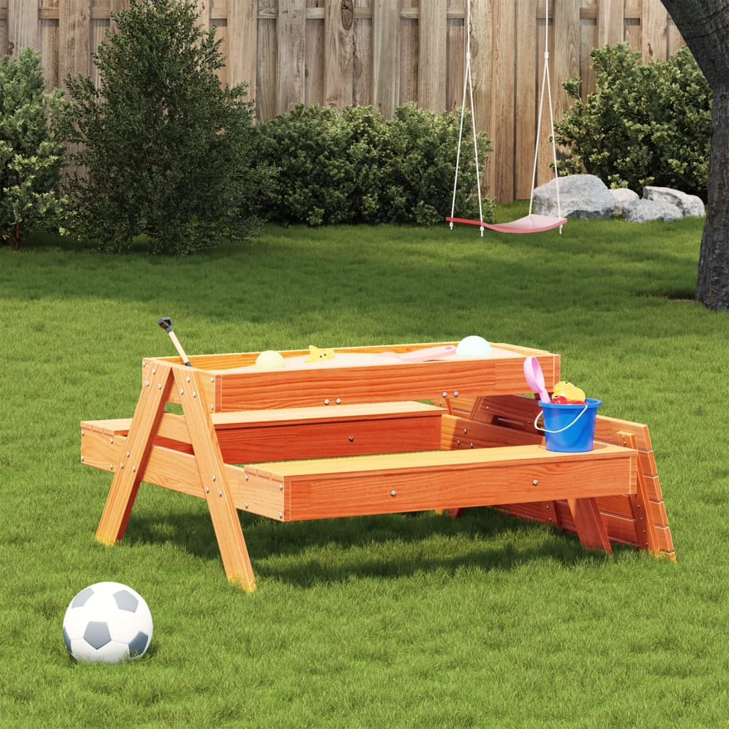 vidaXL Picnic Table with Sandpit for Kids Wax Brown Solid Wood Pine