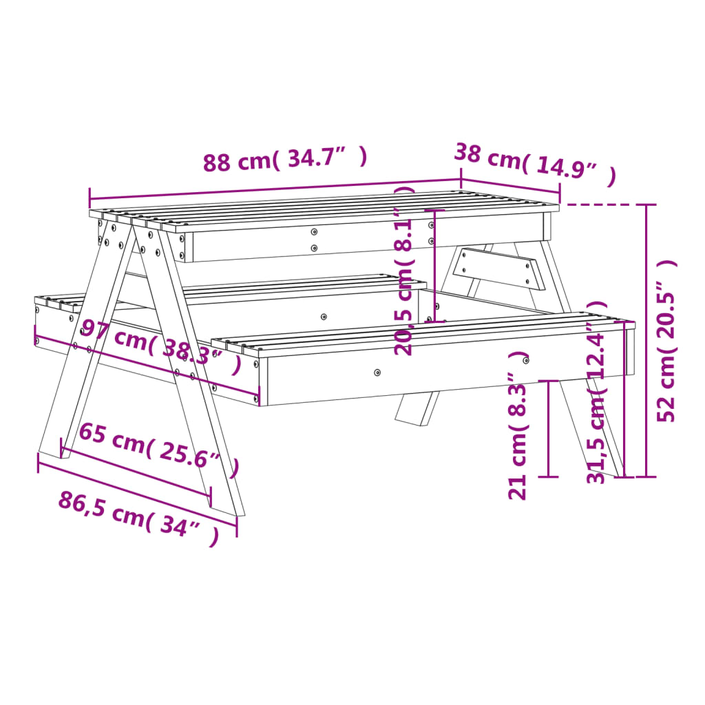 vidaXL Picnic Table for Kids Wax Brown 88x97x52 cm Solid Wood Pine