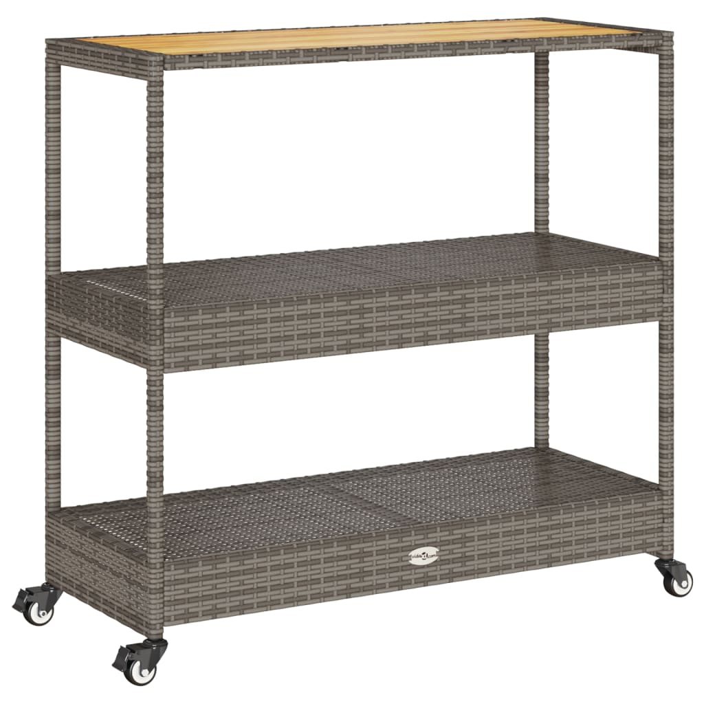 vidaXL Bar Cart 3-Tier Grey Poly Rattan and Solid Wood Acacia