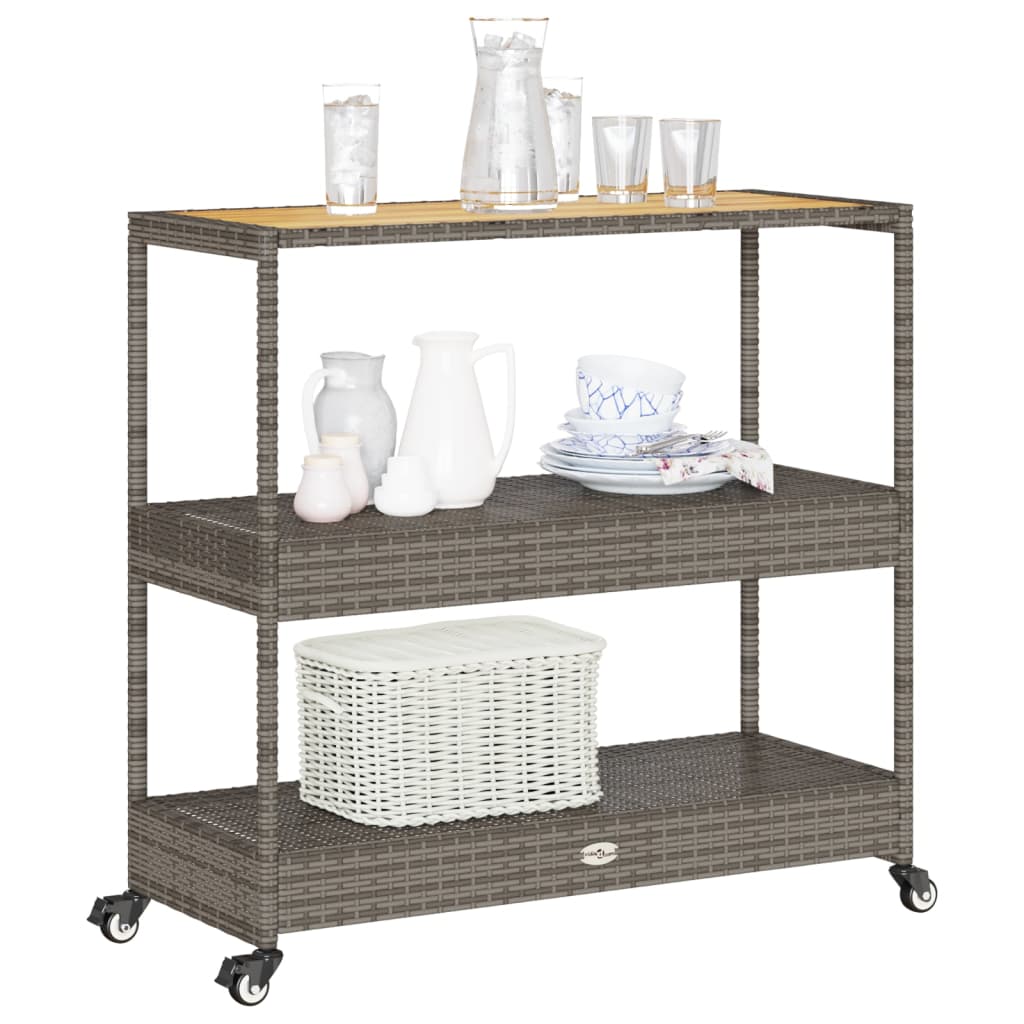 vidaXL Bar Cart 3-Tier Grey Poly Rattan and Solid Wood Acacia