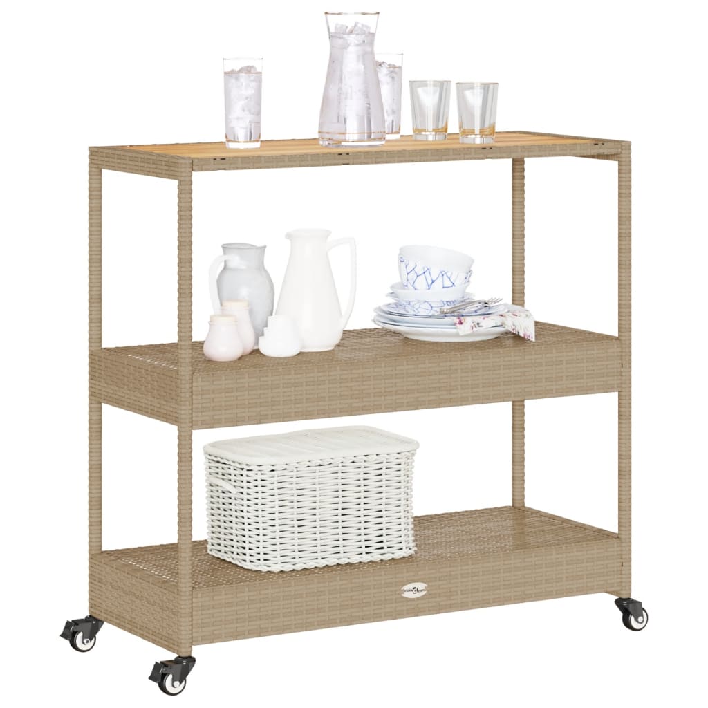 vidaXL Bar Cart 3-Tier Beige Poly Rattan and Solid Wood Acacia