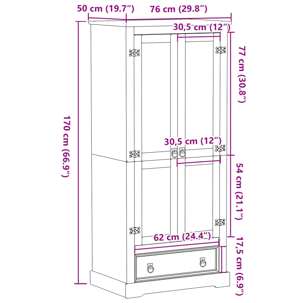 vidaXL Wardrobe Corona 76x50x170 cm Solid Wood Pine