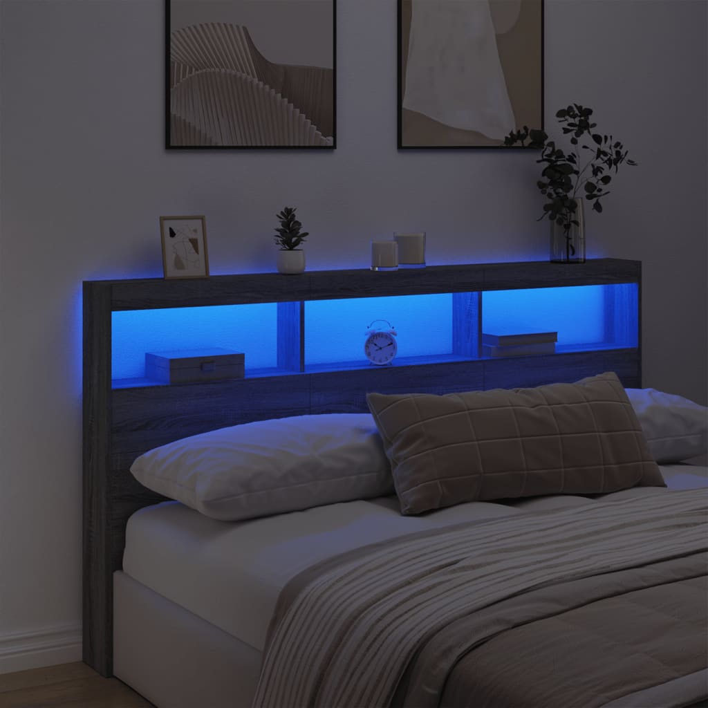 vidaXL Headboard Cabinet with LED Grey Sonoma 180x17x102 cm