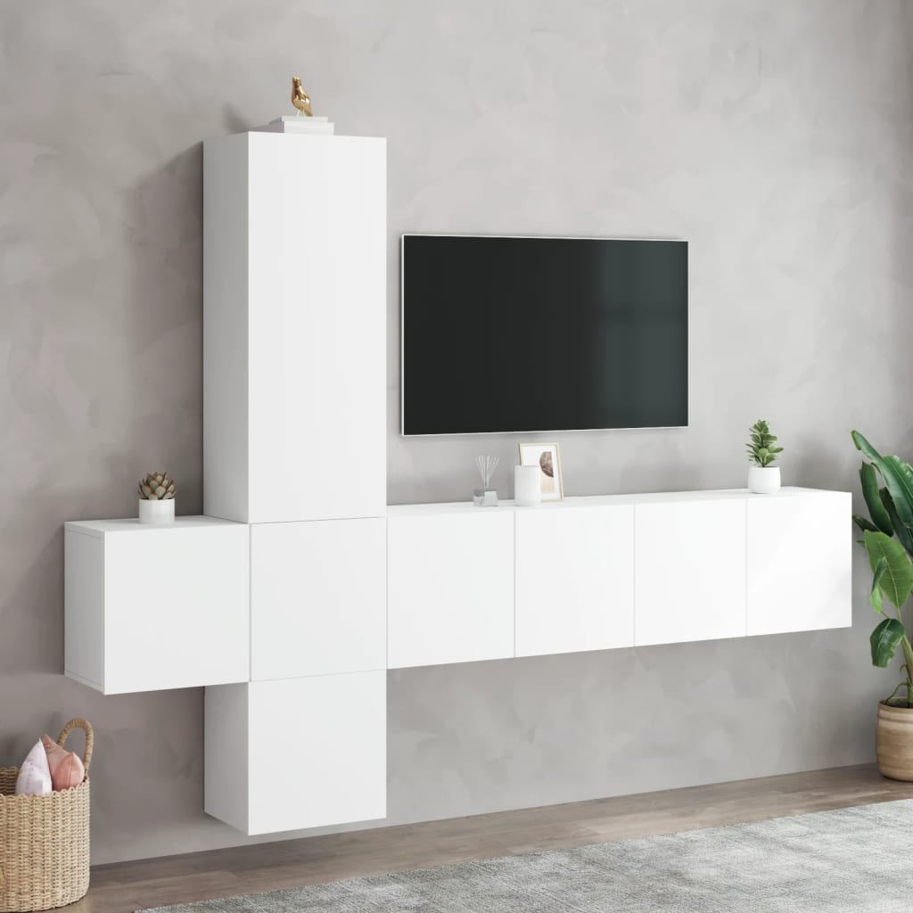 5 Piece TV Wall Units White Engineered Wood