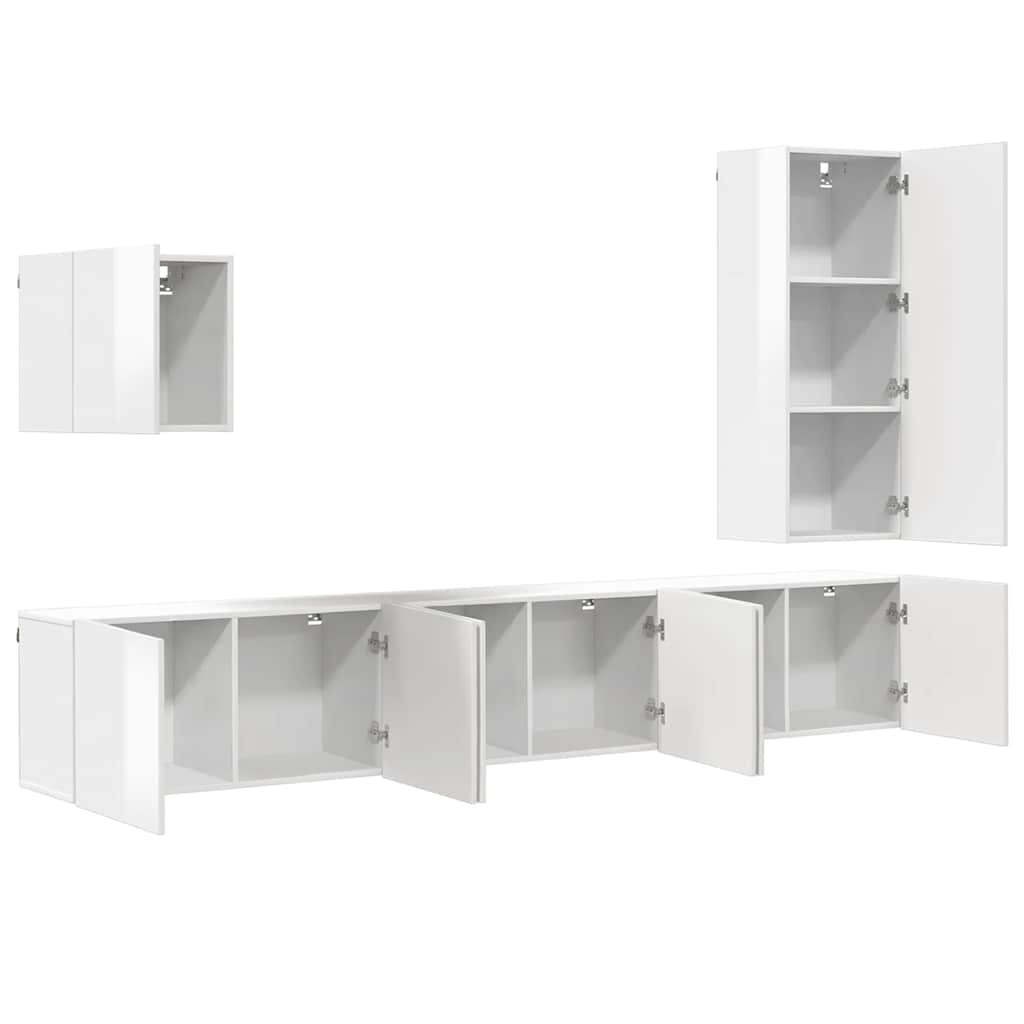 5 Piece TV Wall Units White Engineered Wood