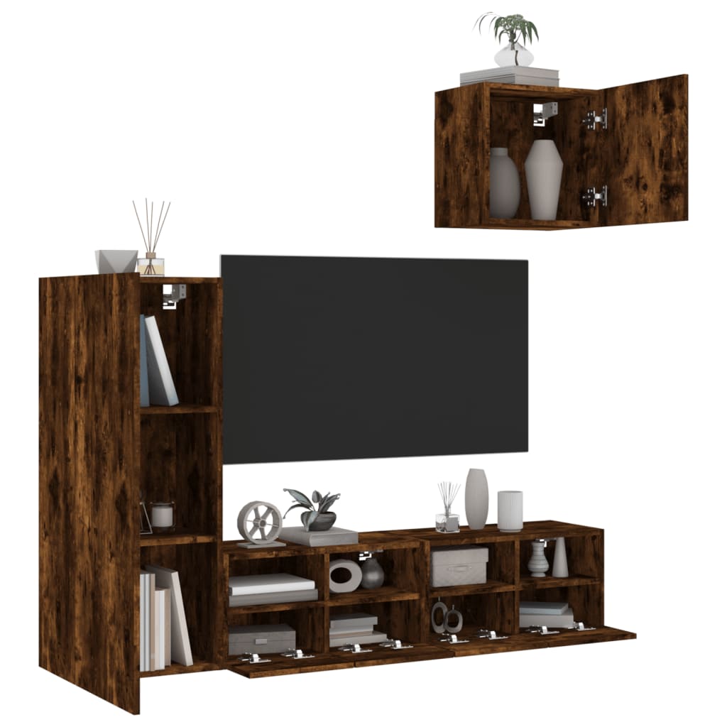 4 Piece TV Wall Units Smoked Oak Engineered Wood