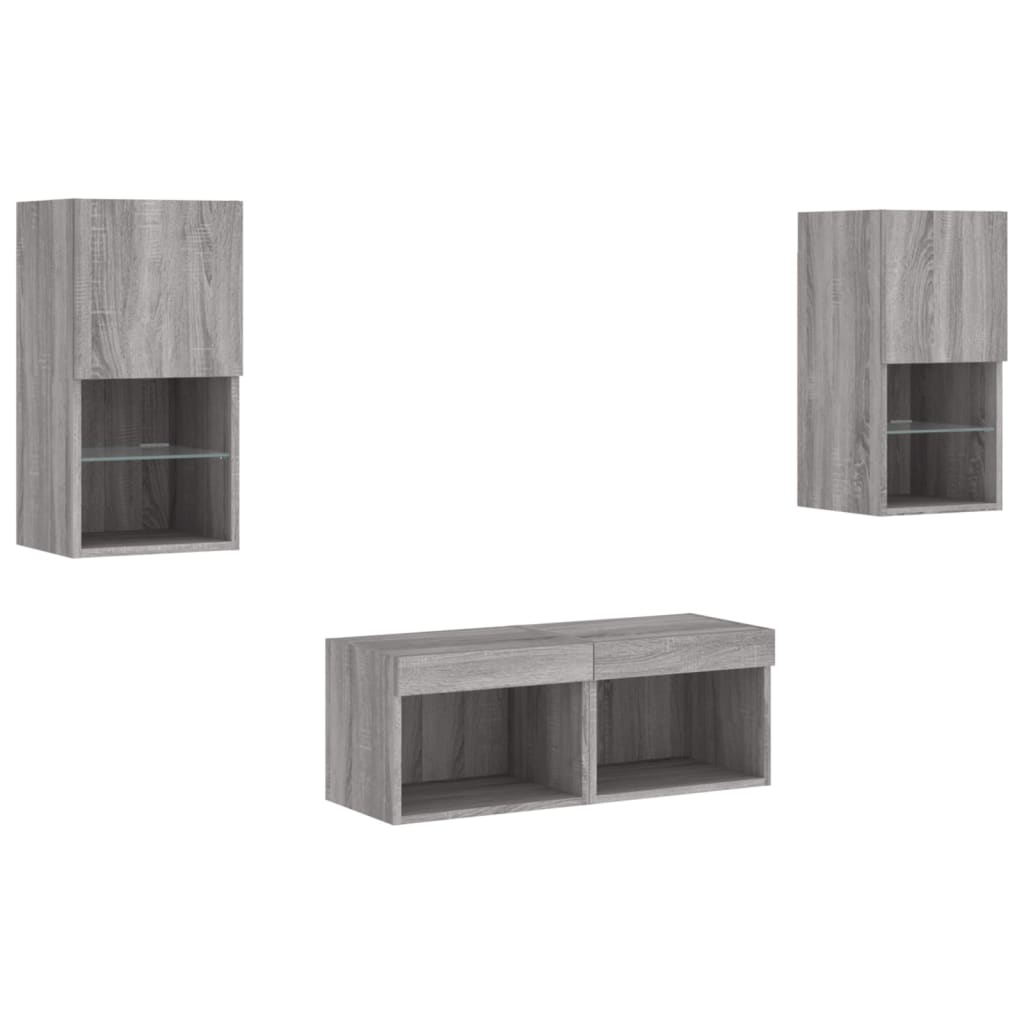 4 Piece TV Wall Cabinets with LED Lights Grey Sonoma