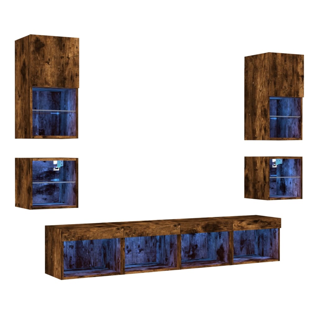 8 Piece TV Wall Units with LED Smoked Oak Engineered Wood