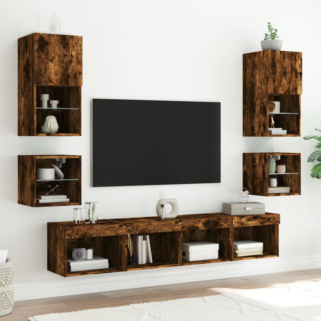 8 Piece TV Wall Units with LED Smoked Oak Engineered Wood