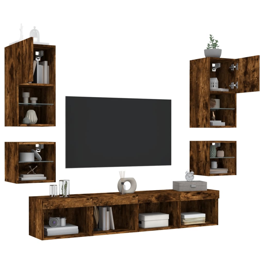 8 Piece TV Wall Units with LED Smoked Oak Engineered Wood