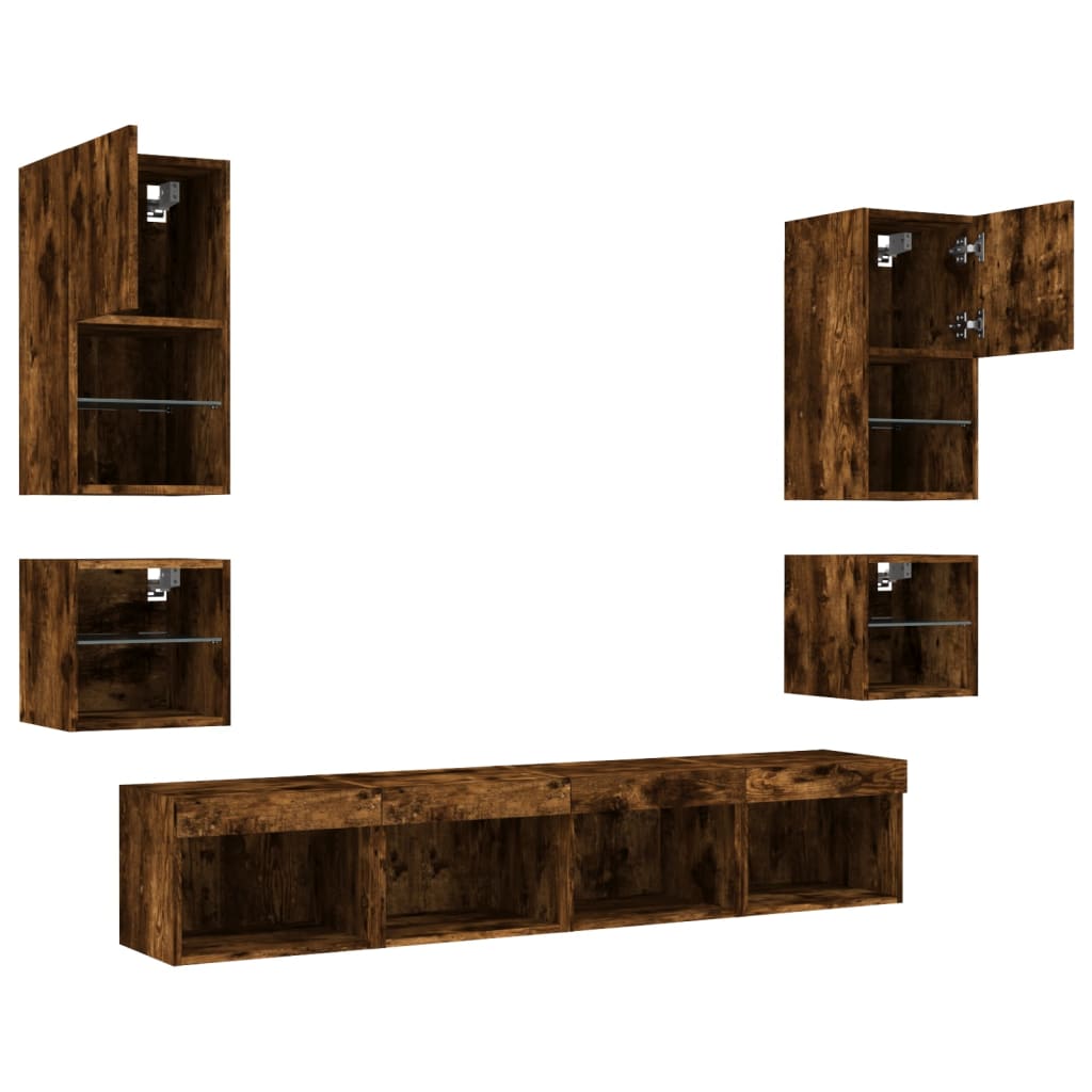 8 Piece TV Wall Units with LED Smoked Oak Engineered Wood