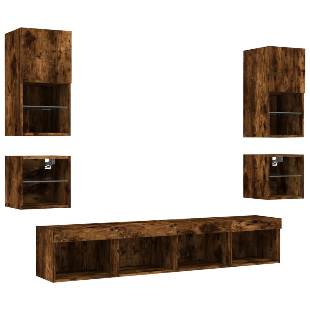 8 Piece TV Wall Units with LED Smoked Oak Engineered Wood