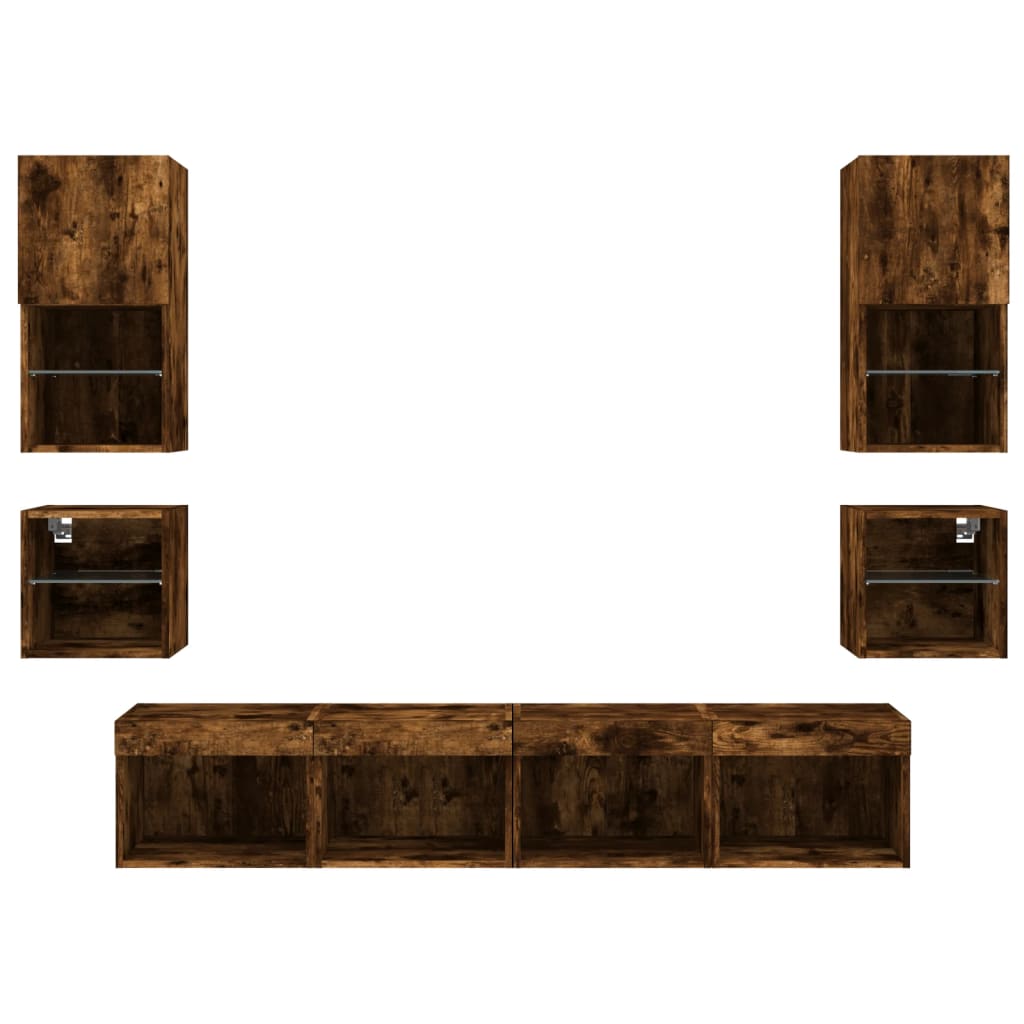 8 Piece TV Wall Units with LED Smoked Oak Engineered Wood