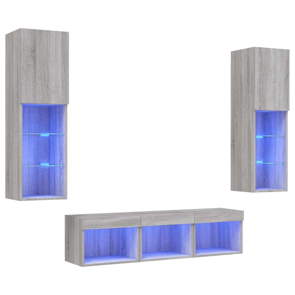 5 Piece TV Wall Units with LED Grey Sonoma Engineered Wood