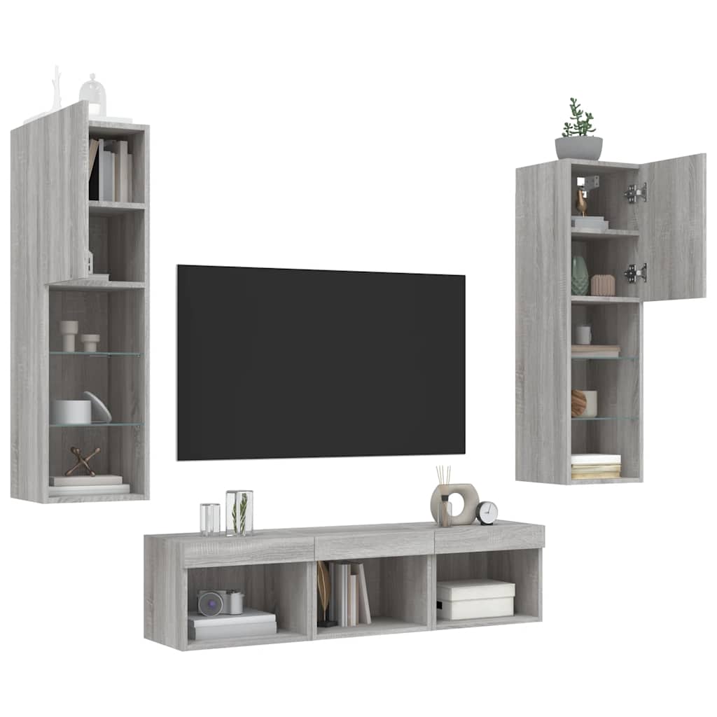 5 Piece TV Wall Units with LED Grey Sonoma Engineered Wood