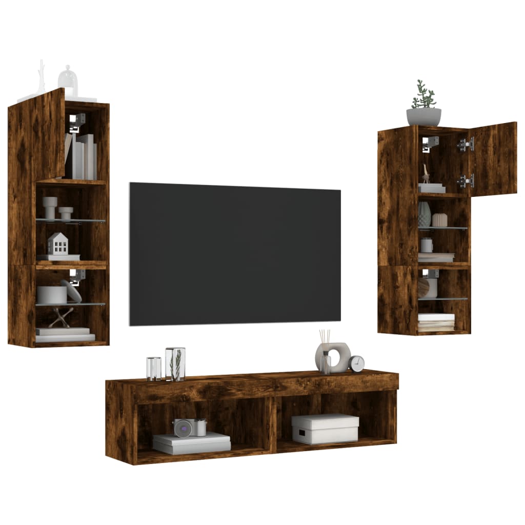 6 Piece TV Wall Units with LED Smoked Oak Engineered Wood