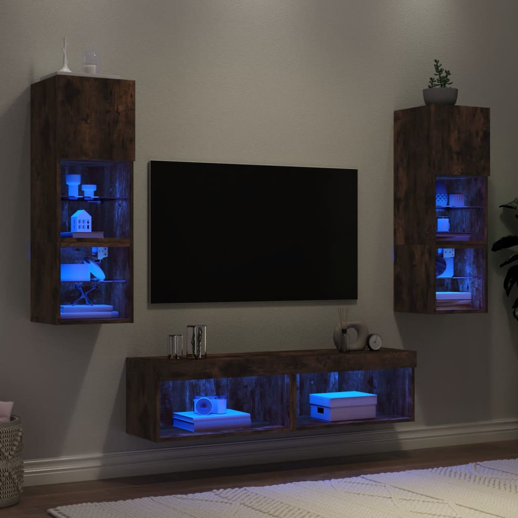 6 Piece TV Wall Units with LED Smoked Oak Engineered Wood