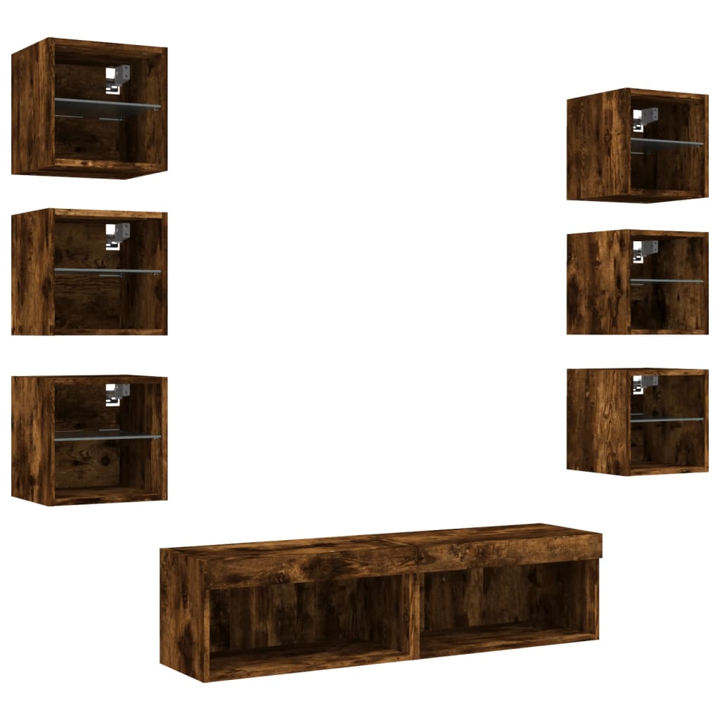 8 Piece TV Wall Units with LED Smoked Oak Engineered Wood