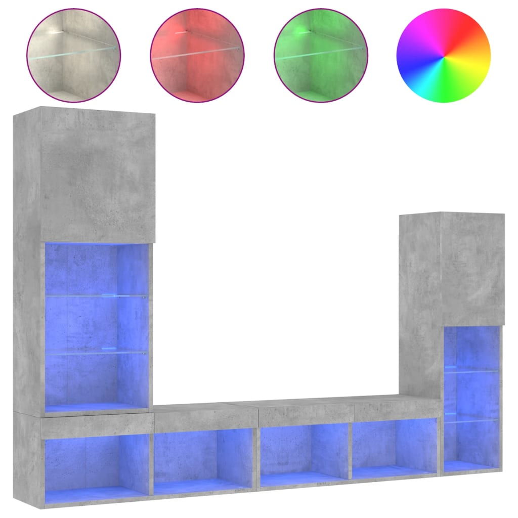 4 Piece TV Wall Units with LED Concrete Grey Engineered Wood