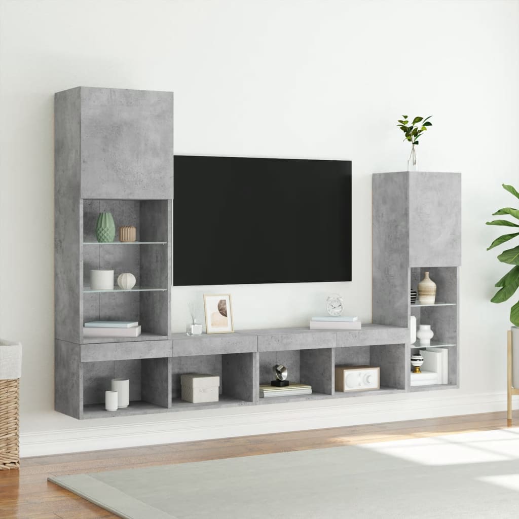 4 Piece TV Wall Units with LED Concrete Grey Engineered Wood