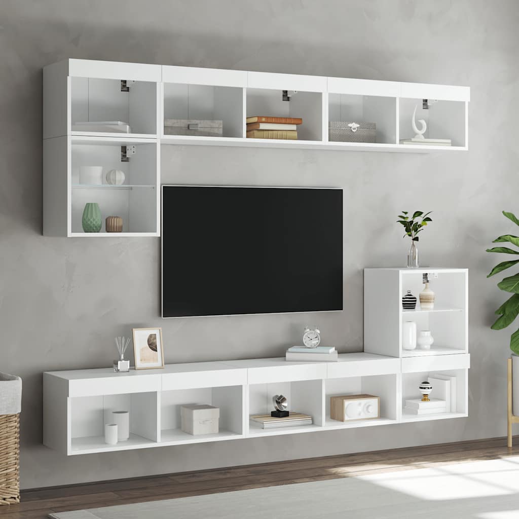 8 Piece TV Wall Units with LED White Engineered Wood