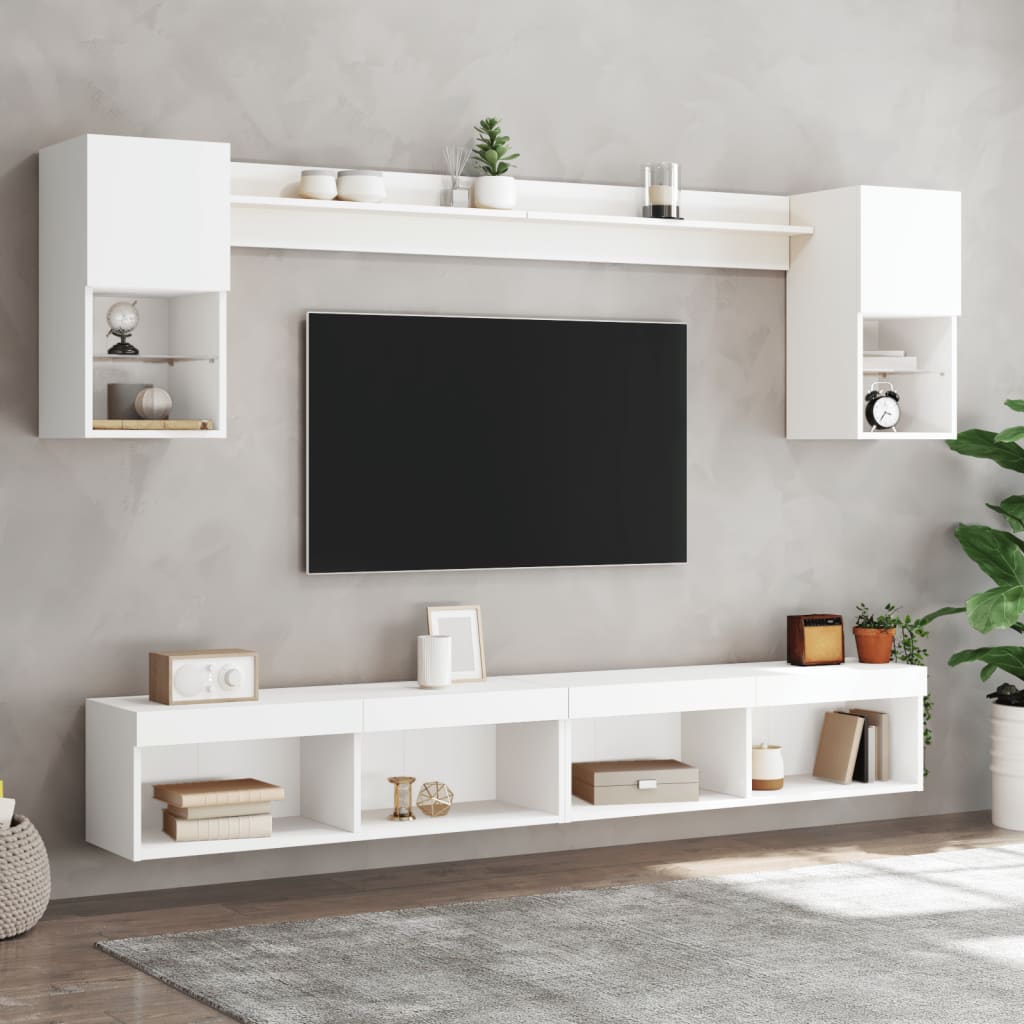 6 Piece TV Wall Units with LED White Engineered Wood