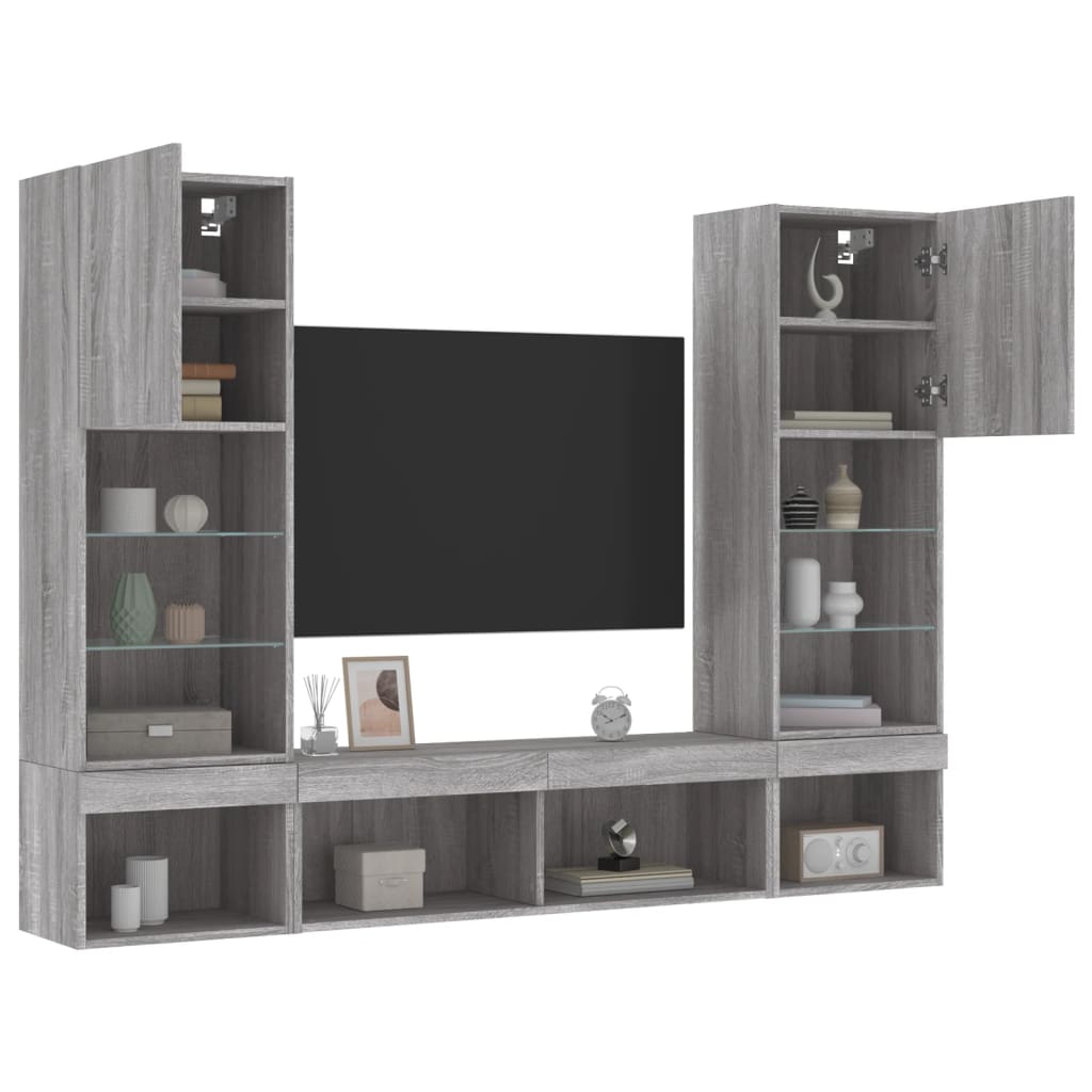 5 Piece TV Wall Units with LED Grey Sonoma Engineered Wood