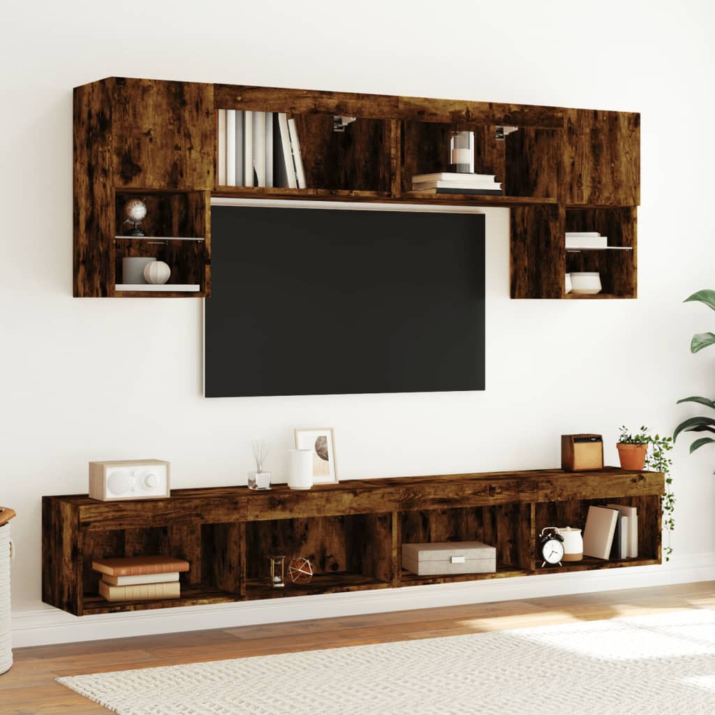 6 Piece TV Wall Units with LED Smoked Oak Engineered Wood