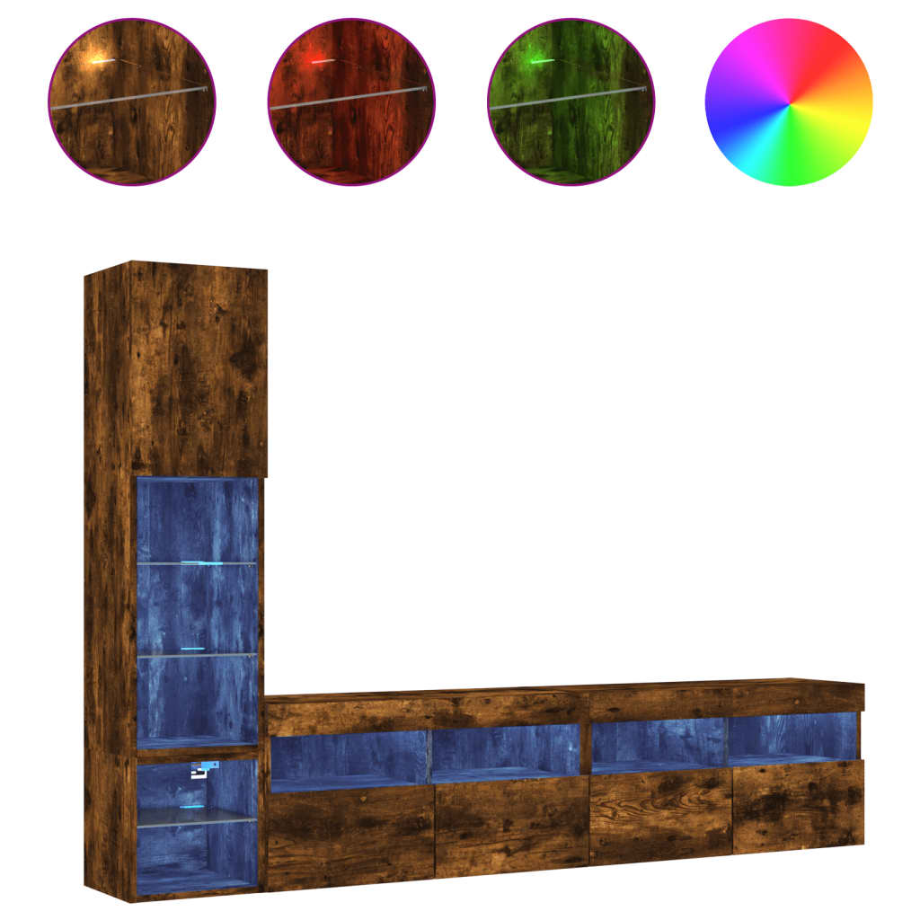 4 Piece TV Wall Units with LED Smoked Oak Engineered Wood