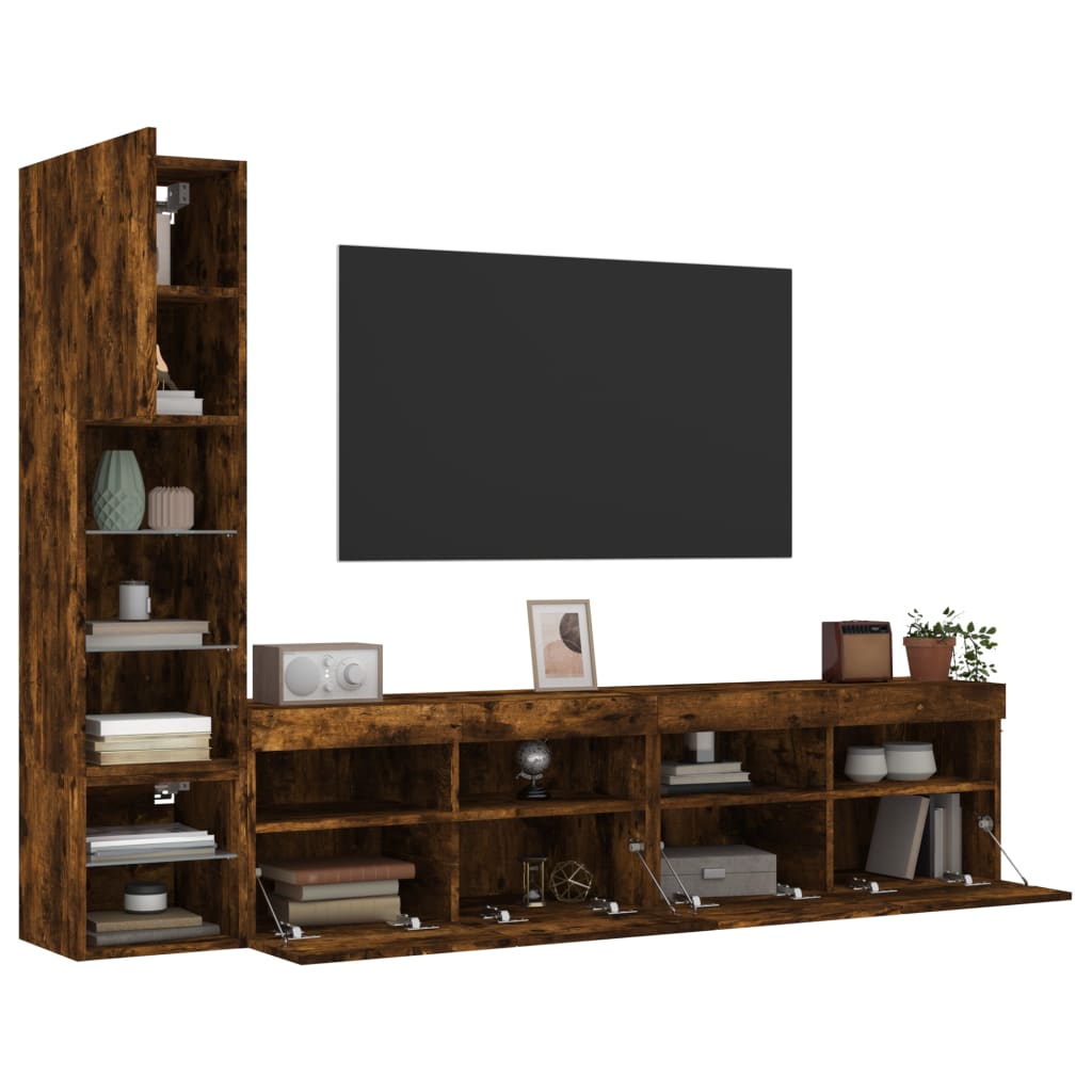 4 Piece TV Wall Units with LED Smoked Oak Engineered Wood