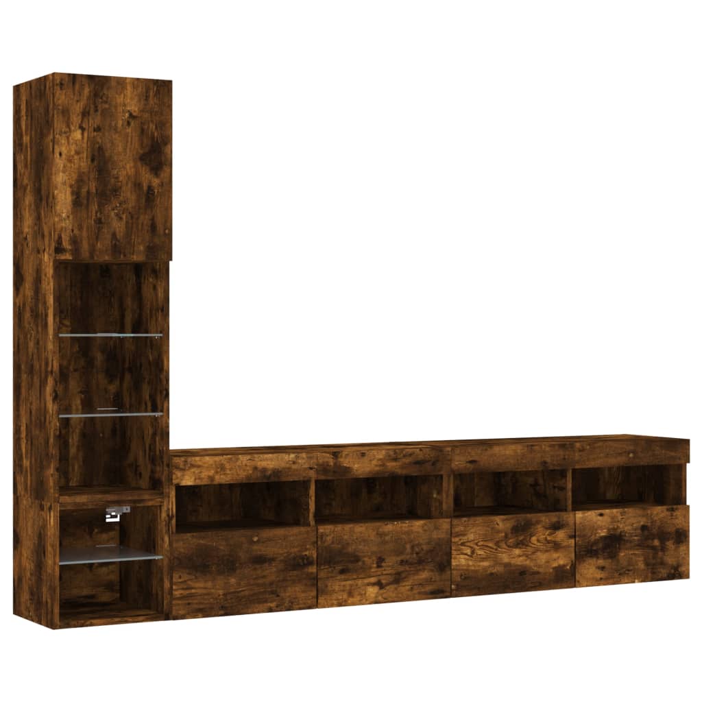 4 Piece TV Wall Units with LED Smoked Oak Engineered Wood