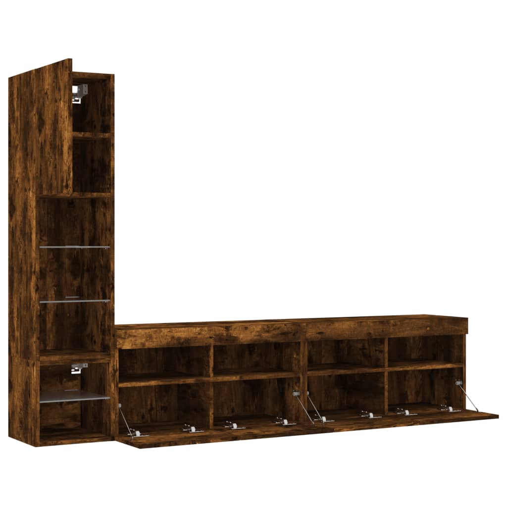 4 Piece TV Wall Units with LED Smoked Oak Engineered Wood
