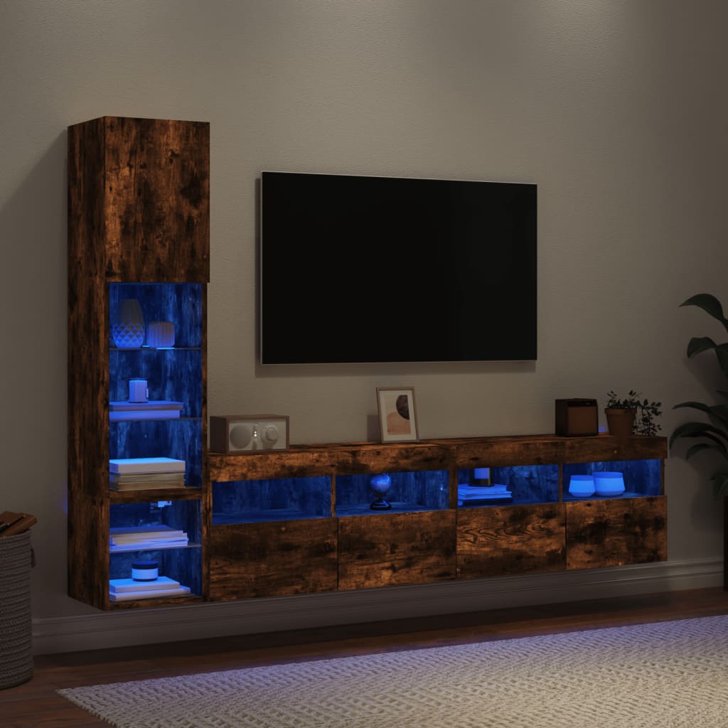 4 Piece TV Wall Units with LED Smoked Oak Engineered Wood