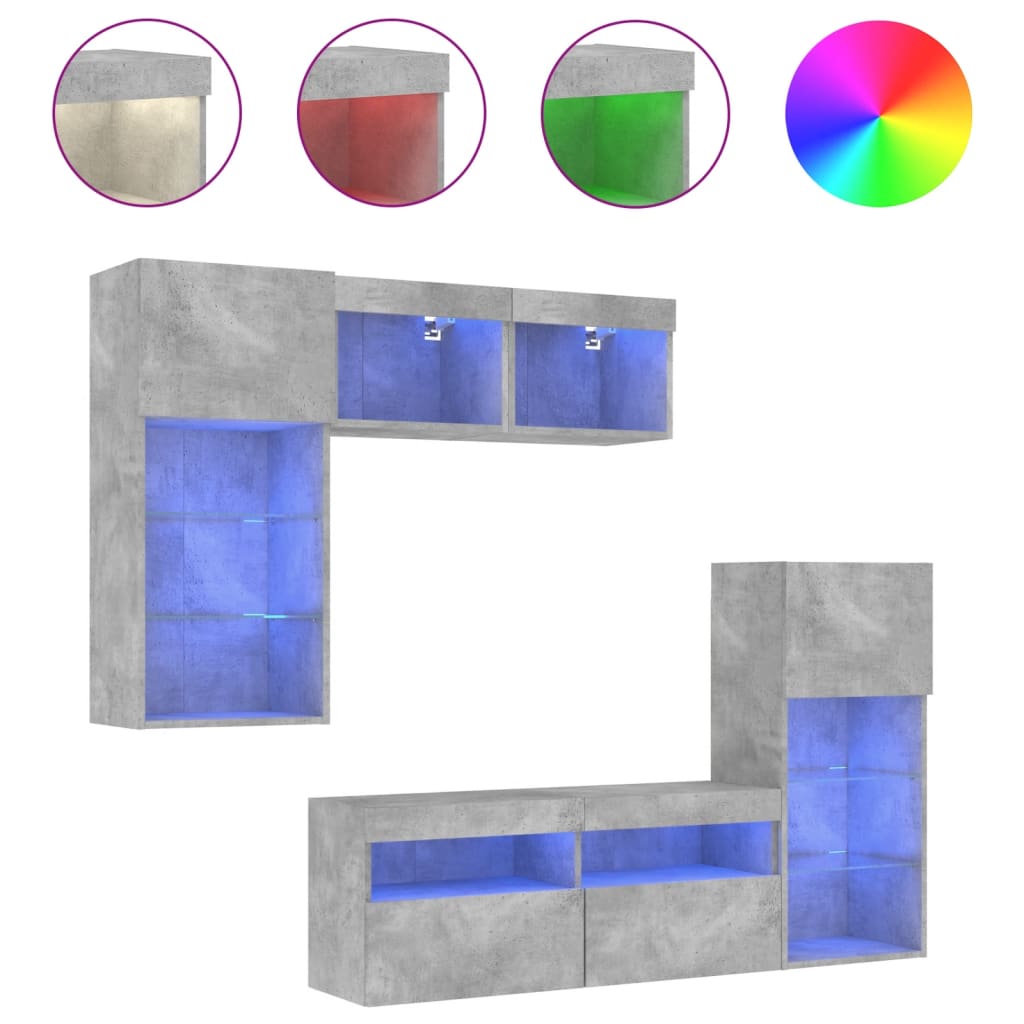 5 Piece TV Wall Units with LED Concrete Grey Engineered Wood