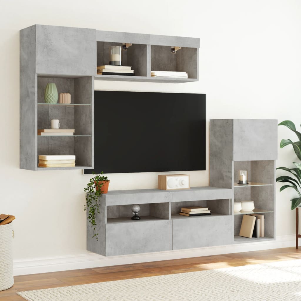 5 Piece TV Wall Units with LED Concrete Grey Engineered Wood