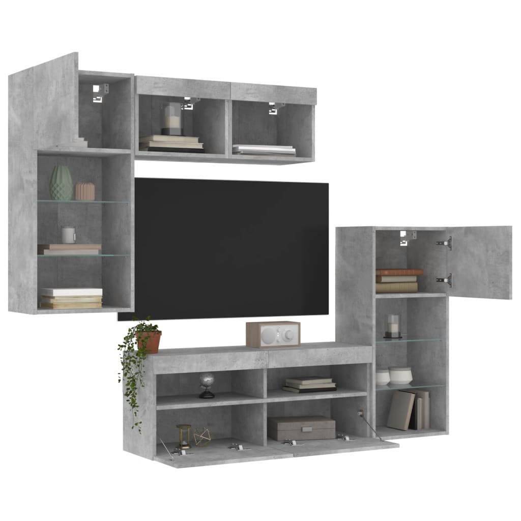 5 Piece TV Wall Units with LED Concrete Grey Engineered Wood
