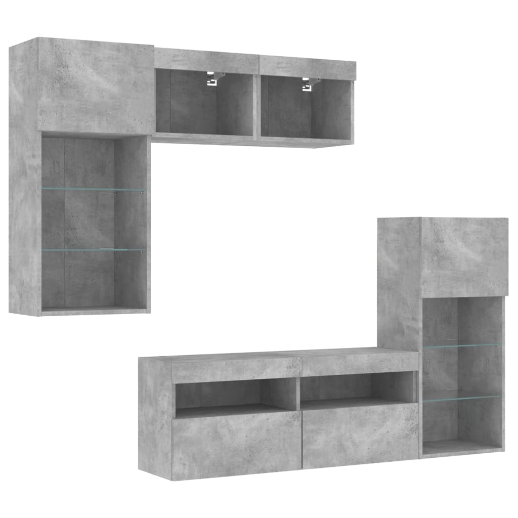 5 Piece TV Wall Units with LED Concrete Grey Engineered Wood